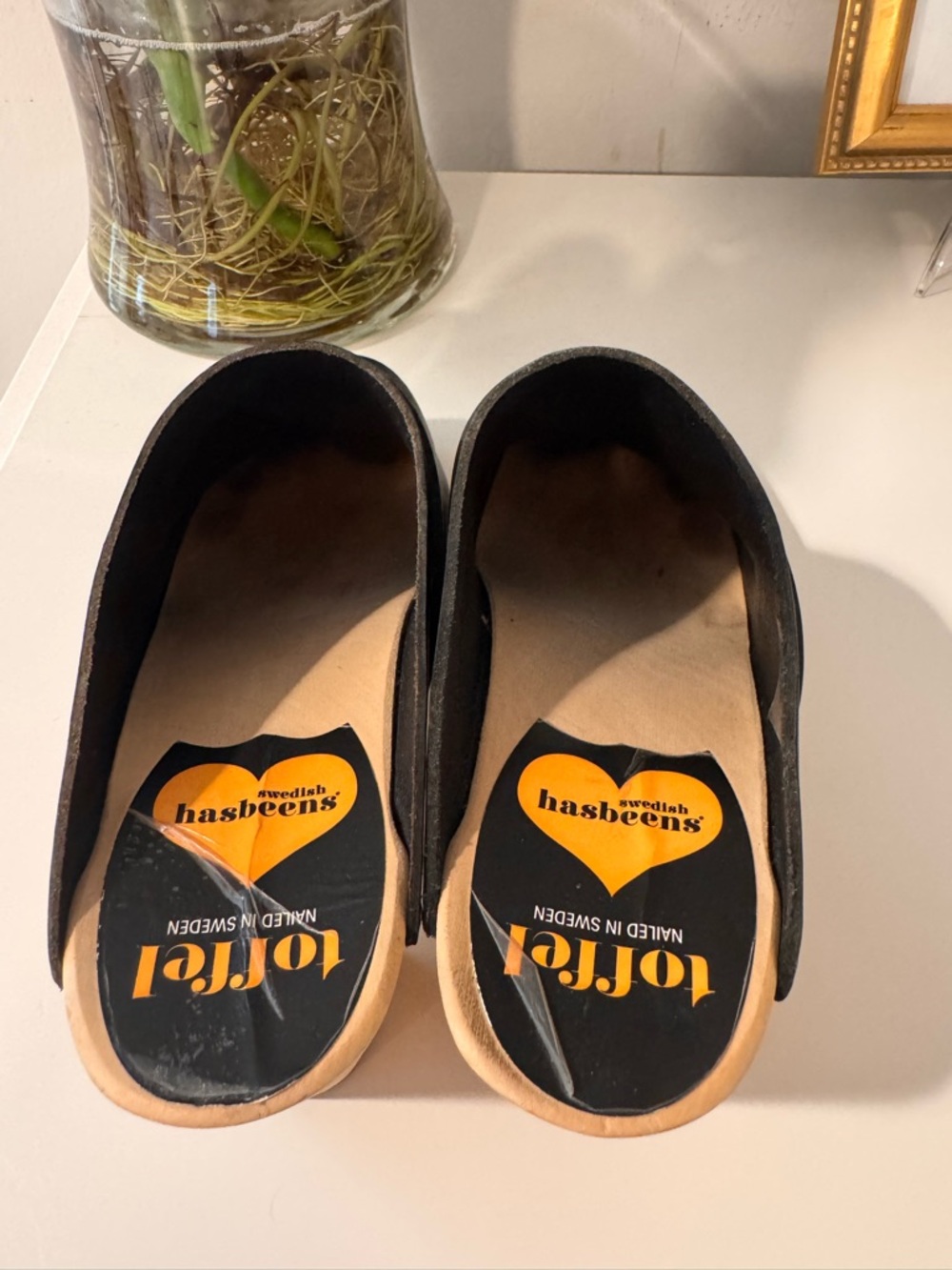 Swedish HASBEENS Black Leather Mule Clogs - wooden Heal Timeless chic ER38/US7.5 - Picture 3 of 16